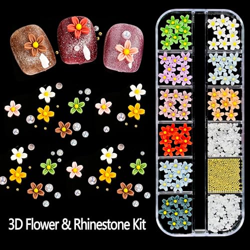 Tephrent 2 Boxes 3D Flower Nail Charms & Caviar Beads Rhinestones Set
