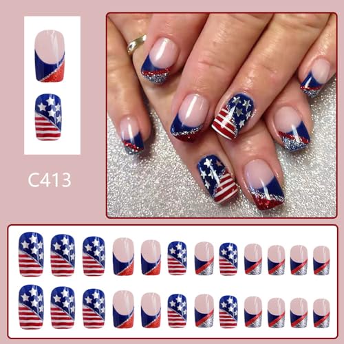 Independence Day Press on Nails Short Square Fake Nails Red Blue Glitters