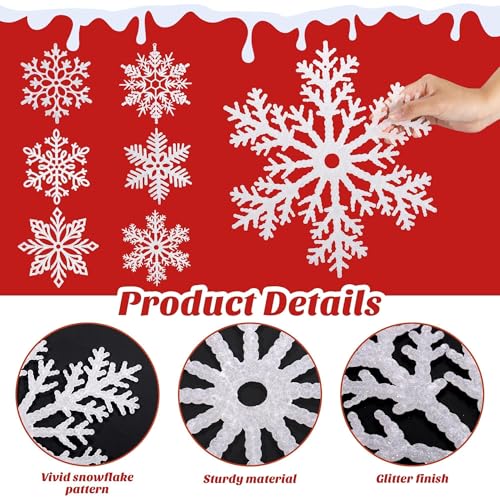 Large White Snowflake Ornaments Set - 12 Inch Plastic Holiday Decorations, Glittered Snowflakes for Christmas Tree & Indoor Outdoor Decor - 24 Pieces
