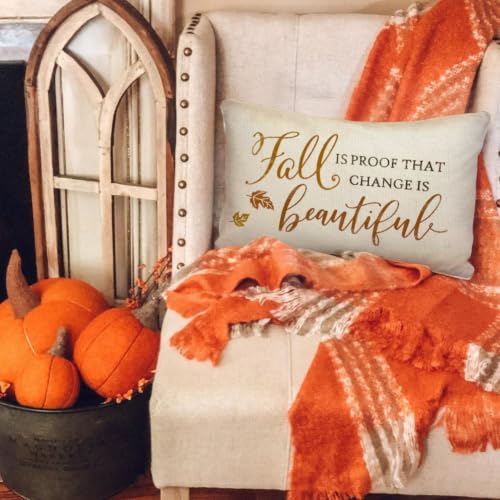 RABUSOFA Fall Pillow Cover 12x20 Inch, Beige Linen Autumn Farmhouse Decor