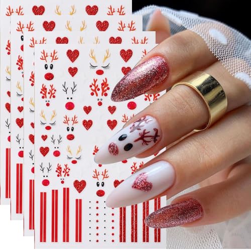 Christmas Nail Stickers 4 Sheets Reindeer Heart Holiday Decals
