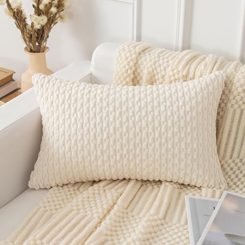 UGASA Soft Corduroy Throw Pillow Cover, 12x20 Inch Boho Striped Oblong Case
