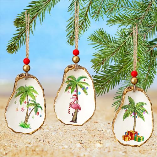 Christmas Oyster Shell Ornaments Set - Resin Decor with Festive Prints