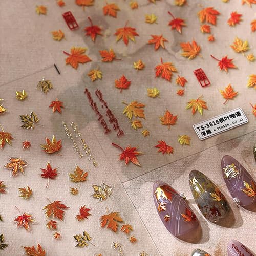 Dulyork 5D Embossed Autumn Maple Leaves Nail Stickers Fall Decals