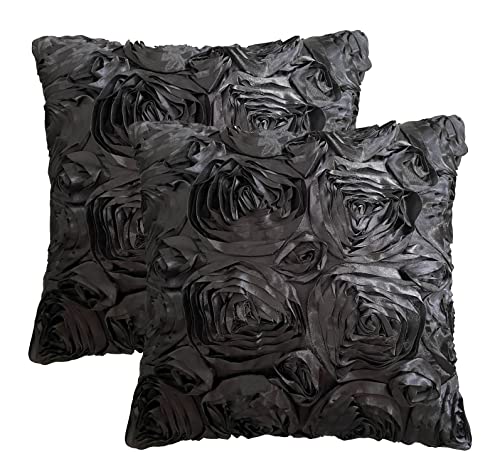 iMaylex Black Satin Rose Throw Pillow Covers, 16" x 16" (Set of 2)