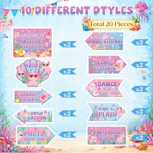 Axolotl Birthday Party Decorations - 20 Piece Sign Set