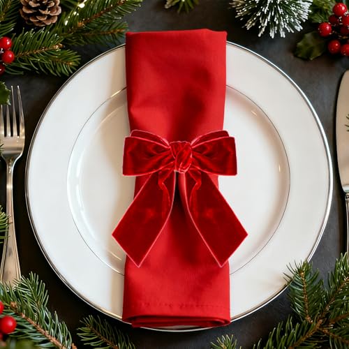 Red Velvet Christmas Napkin Rings Set of 6 - Holiday Dinner Table Decor
