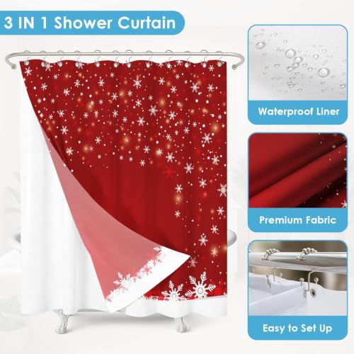 Red Christmas Snowflake Shower Curtain & Liner Set 72x72 Inch - Holiday Decor with Hooks