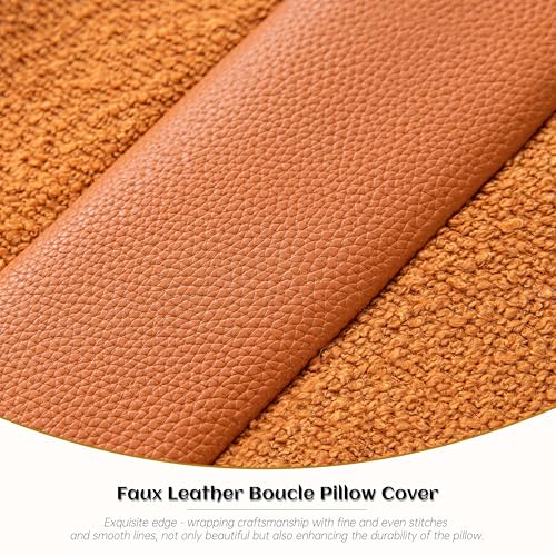 Pack of 2 Tobacco Boucle Pillow Covers 18x18 Inch - Soft Faux Leather Throw Pillows