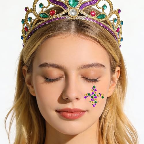 DPKOW 7-Piece Mardi Gras Accessories Set with Face Tattoos Beads Necklace and Gems
