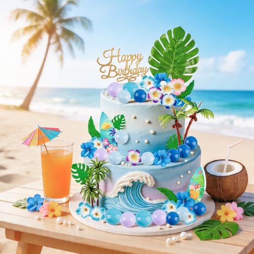 45 Pcs Blue Hawaiian Cake Topper Set with Palm Trees & Surfboards