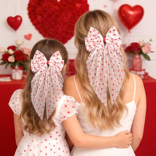 Doneace Valentine's Day Large Red Heart Hair Bow Clip with Long Tail