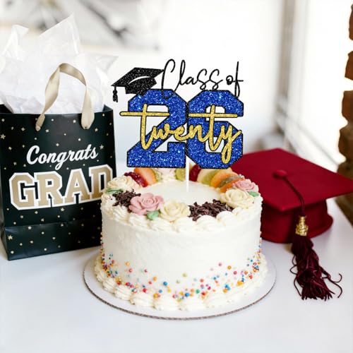 Class of 2026 Graduation Cake Topper - Blue & Gold Glitter