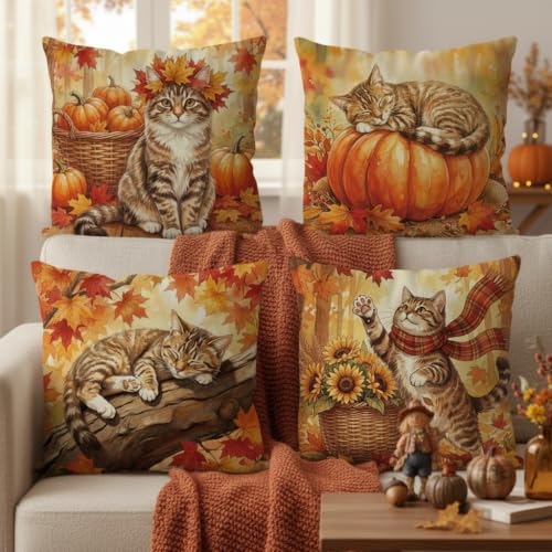 GAGEC Fall Cat Pillow Covers Set of 4, 18x18 inch Autumn Decor