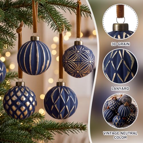 Navy Blue Vintage Christmas Ball Ornaments Set - 12 Pack with Gold Accents