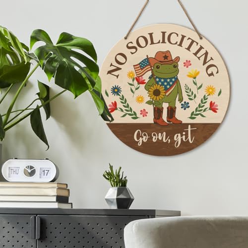 Funny Frog No Soliciting Sign - L Size Rustic Wood Hanging Door Plaque