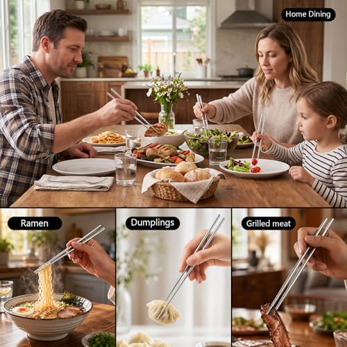 Maclia 6 Pairs Silver Reusable Stainless Steel Chopsticks - Food Grade, Non-Slip, Durable
