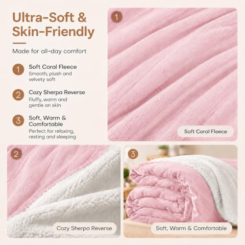 Electric Heated Blanket King Light Pink Coral Fleece & Sherpa 90x100 in - Dual-Sided Comfort