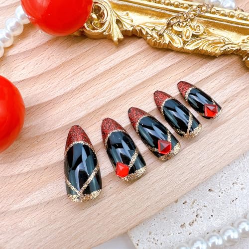 ZRETHFB Red French Tip Press on Nails Medium Almond Rhinestone False Nails