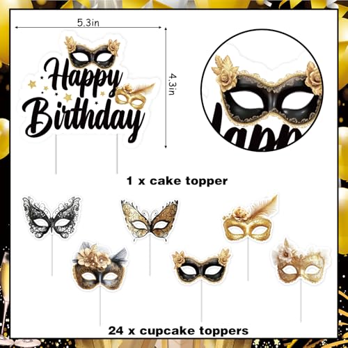 Black Gold Masquerade Cake Decorations - 25 Pcs Set for Birthdays