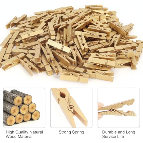 KINYFY 100 Pcs Gold Wooden Clothespins - 1.38 Inch Craft Clips for Photos