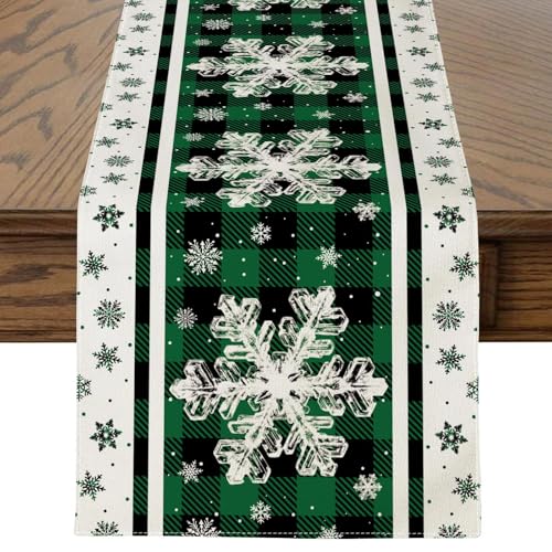 Snowflakes Christmas Table Runner Green Black Plaid Farmhouse Holiday Decor 13x48 Inch