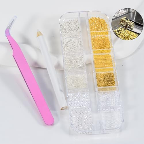 MOLILON 12-Grid Nail Art Charms Set with Pearls, Metal Beads, Tweezers & Pen