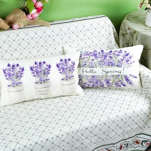 ONWAY Spring Lavender Pillow Covers 12x20 Inch Set of 2 - Floral Cushion Cases for Sofa & Couch