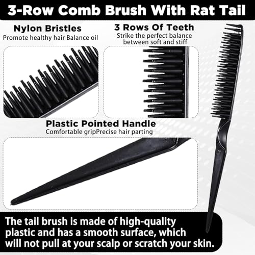 3 Row Hair Comb Set with Rat Tail Handle, Black Detangling Brush, 2PCS