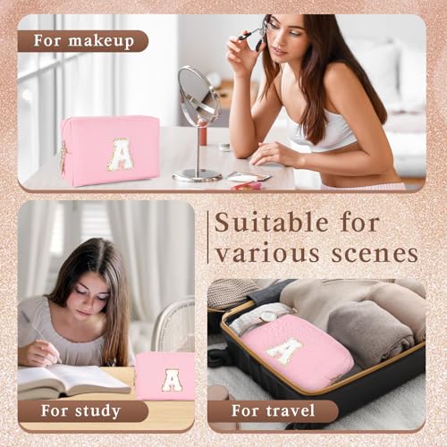 LLNC Personalized Initial Makeup Bag - Waterproof PU Leather Preppy Cosmetic Bag with Double Zipper