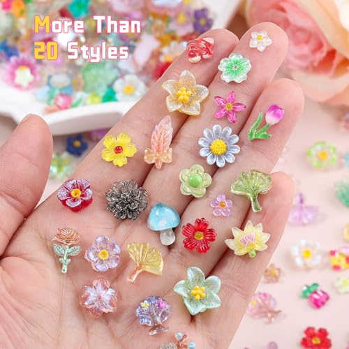 Kikonoke 200PCS Clear Glitter Flower Nail Charms 3D Resin Floral Art