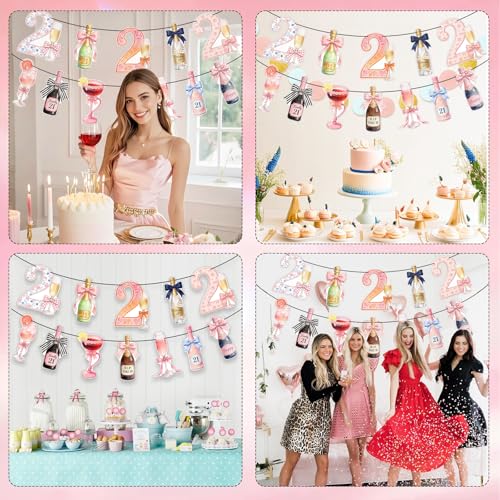21st Birthday Banner Set - 2Pcs Pink Champagne Decor for Her