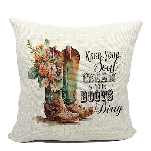 Western Cowboy Boot Throw Pillow Cover - 18x18 Inch Beige2 Floral Cushion