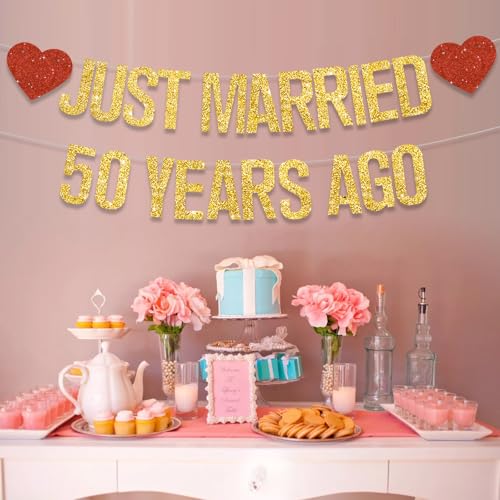 Gold Glitter Just Married 50 Years Ago Banner - Pre-Strung Anniversary Decoration