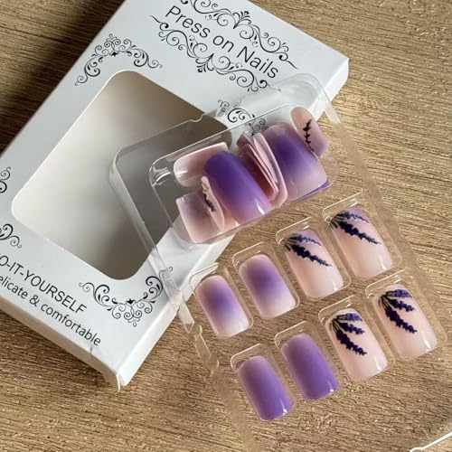 GRITOSE Purple Press on Nails Medium Square Fake Nails with Lavender Gradient