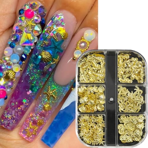 Summer Ocean Nail Art Charms Gold Alloy Shell Starfish Rhinestones