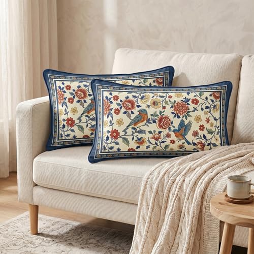 Blue Floral Chinoiserie Throw Pillow Covers Set of 2 20x12 Inches Velvet Spring Decor