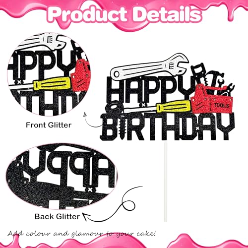 Mechanic Themed Happy Birthday Cake Topper - Glitter Tool Design