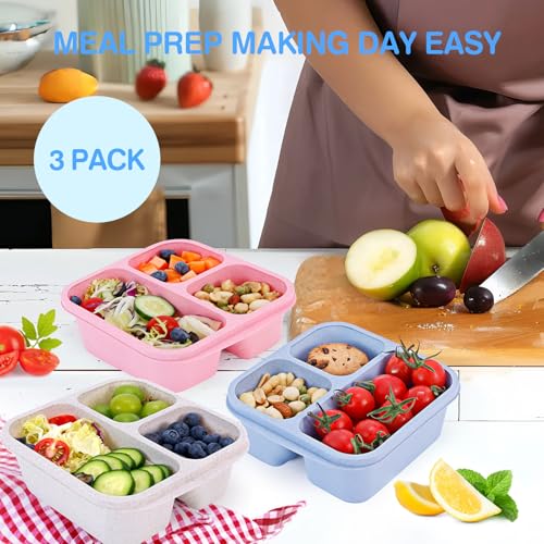 Rinwoc Bento Box 3-Pack - Reusable Snack Containers with 3 Compartments for Meal Prep & Travel