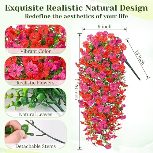 Dolicer 2 Pcs Realistic Artificial Flowers for Outdoor Decor - UV Resistant Silk Hanging Plants (Red & Fuchsia)