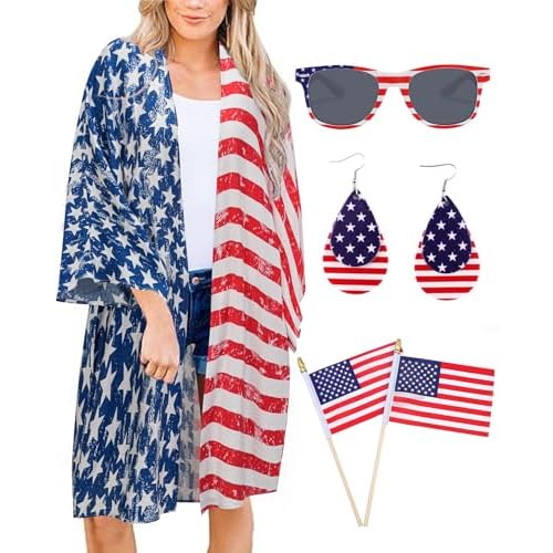 4th of July Outfits for Women American Flag Kimono Cover-Up Tops with Fourth of July Earrings Sunglasses Flag Accessories
