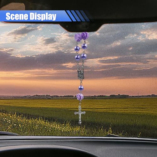 Purple Rosary Cross Rearview Mirror Charm - Elegant Car Pendant
