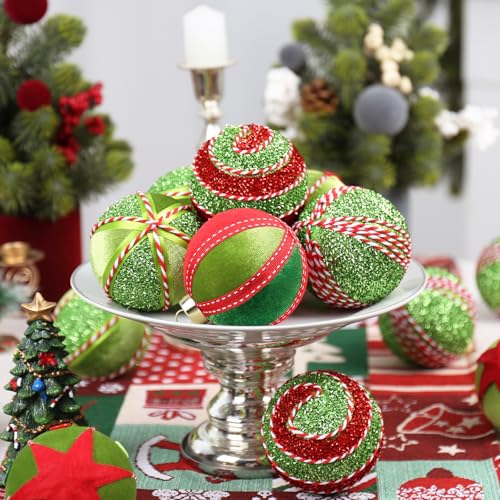 Christmas Ball Ornaments Set - Red and Green Velvet Decorations, 15PCS 80MM