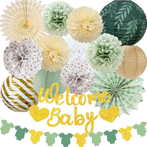 Sage Green Baby Shower Decorations Kit - Banner, Lanterns & Pom Poms