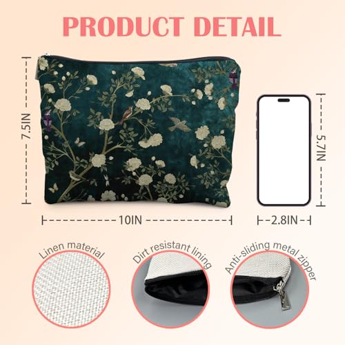 Chinoiserie Bird Makeup Bag Vintage Floral Cosmetic Zipper Pouch
