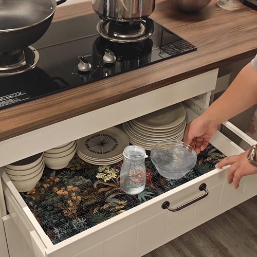 Vuacepe Vintage Floral Leaf Shelf Drawer Liner 11.8"W x 118.1"L Dark Leaf