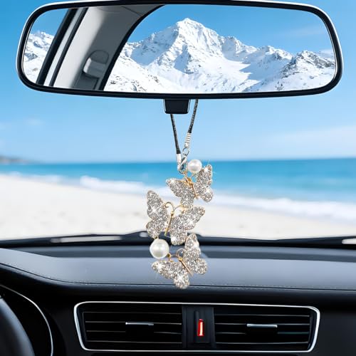 Bittwee Butterfly Crystal Car Rearview Mirror Ornament - White