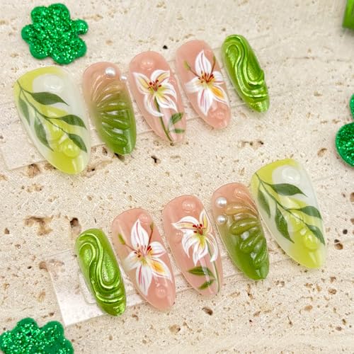 GUAACCB Green Floral Press on Nails Medium Almond Fake Nails 30Pcs