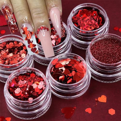 Valentine Heart Nail Art Glitter Sequins 6-Jar Set for DIY Manicures