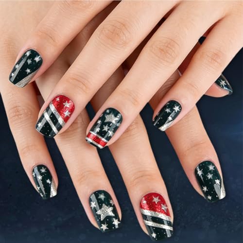 WAFOLOZE 4th of July Press On Nails Medium Square American Flag Glitter Fake Nails